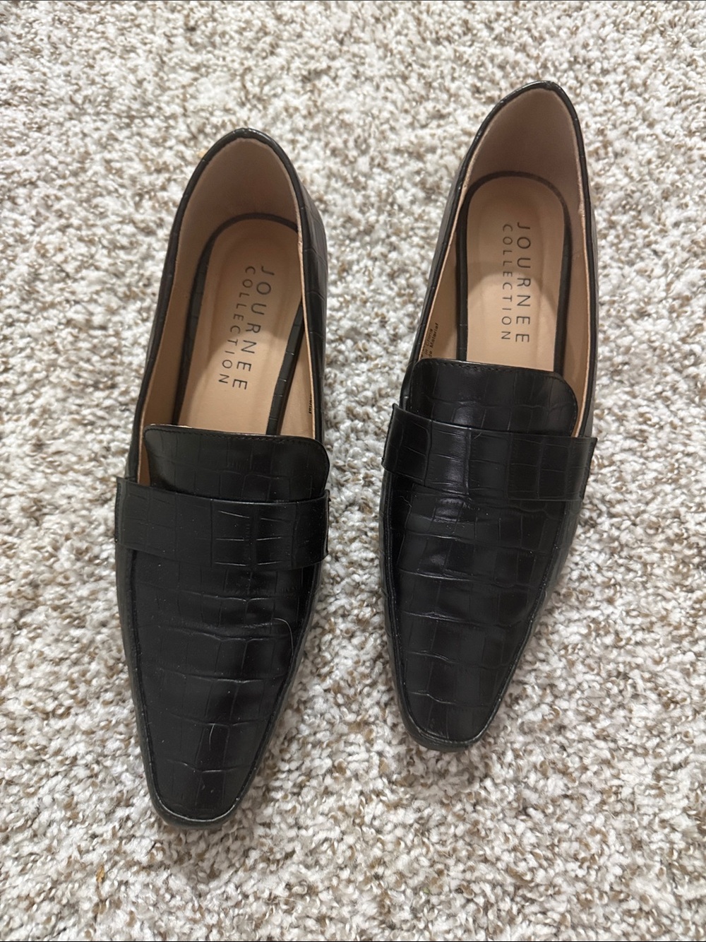 Journee Collection Black Croc-Embossed Slip-On Kitten Heels